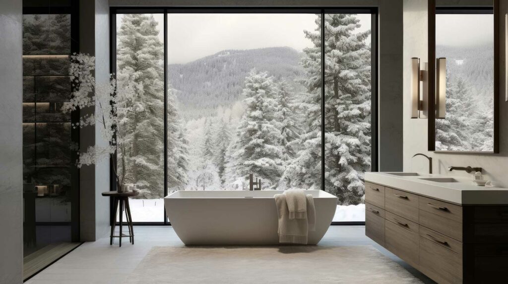 bath tub overseeing the ceiling windows of outside