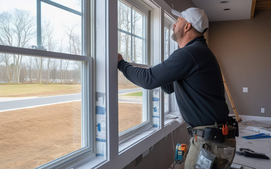 Construction worker installing sliding window