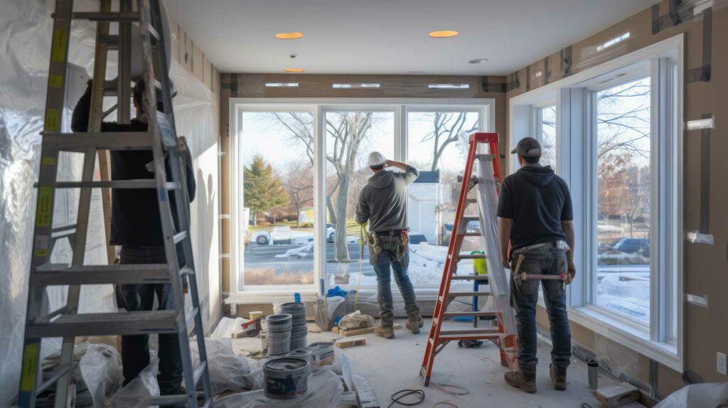 construction workers working inside a building with coworkers