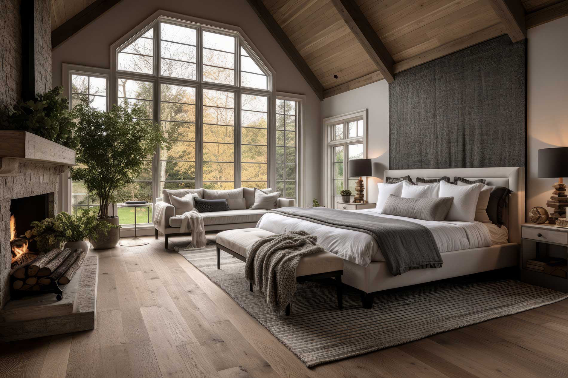 designed bedroom with floor to ceiling glass panels